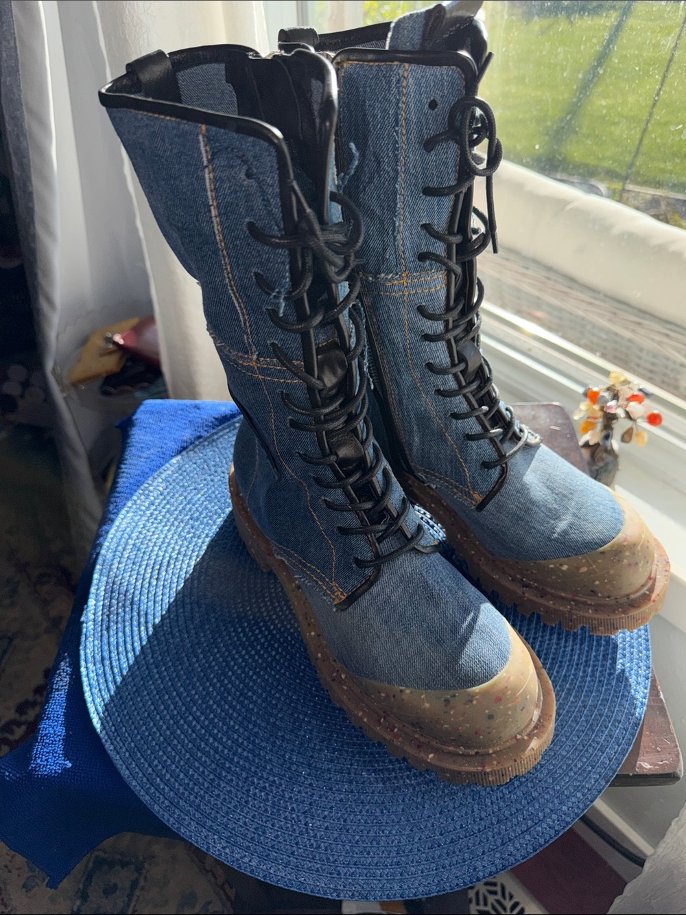 A.S.98 Denim Lace-Up Combat Boots with Brown Rubber Toe